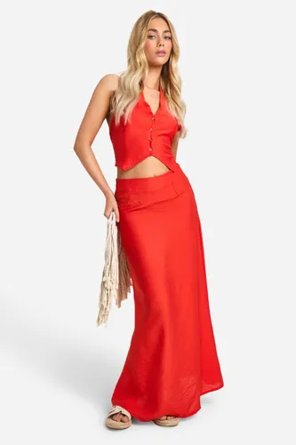 Womens Linen Look Flared Hem Maxi Skirt - 6, Red