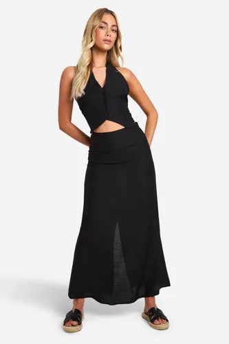 Womens Linen Look Flared Hem Maxi Skirt - Black - 6, Black