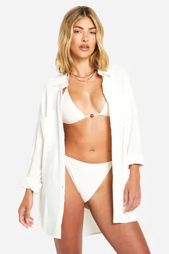 Womens Linen Look Oversized Beach Shirt - White - S, White