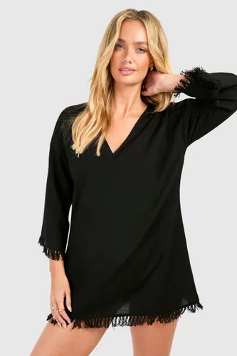 Womens Linen Look Raw Edge Cover-Up Beach Dress - Black - S, Black
