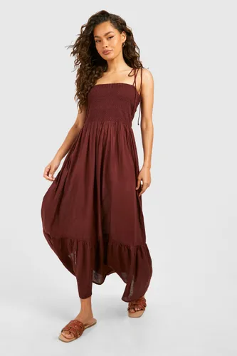Womens Linen Look Shirred Bandeau Maxi Dress - Brown - 8, Brown
