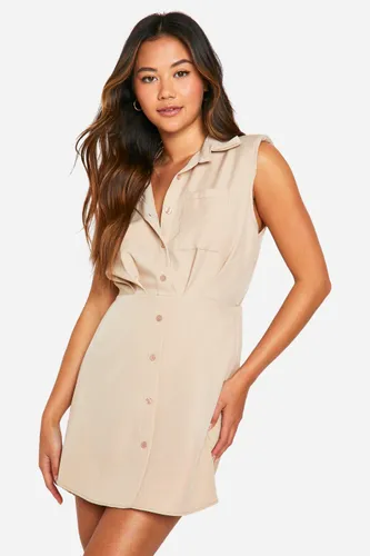 Womens Linen Look Shoulder Pad Shirt Dress - Beige - 6, Beige