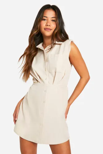 Womens Linen Look Shoulder Pad Shirt Dress - White - 6, White