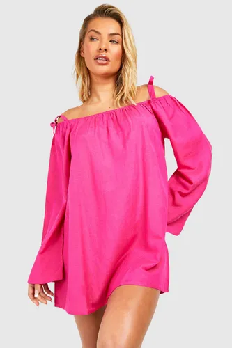 Womens Linen Look Tie Shoulder Bardot Beach Dress - Pink - S, Pink