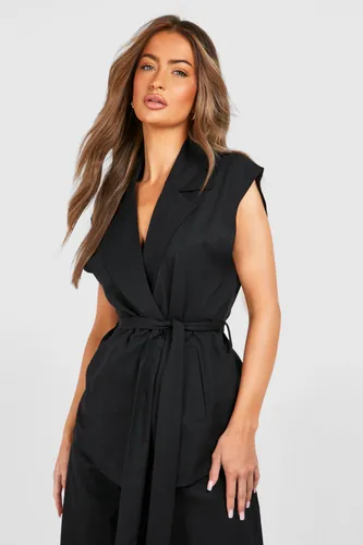 Womens Linen Look Tie Waist Relaxed Fit Sleeveless Blazer - Black - 6, Black