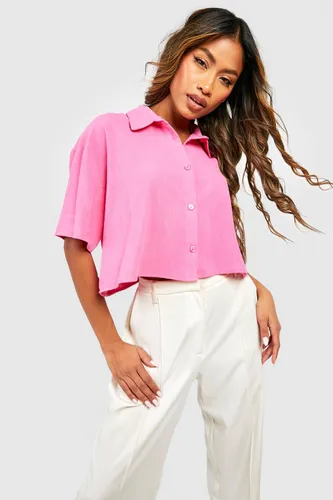 Womens Linen Mix Oversized Boxy Cropped Short Sleeve Shirt - Pink - 6, Pink
