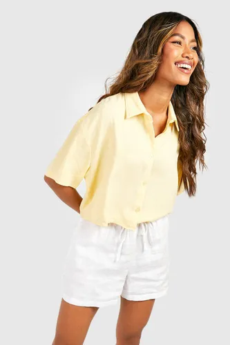 Womens Linen Mix Oversized Boxy Cropped Short Sleeve Shirt - Yellow - 16, Yellow