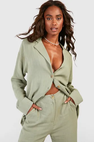 Womens Linen Mix Relaxed Fit Long Sleeve Shirt - Green - 10, Green