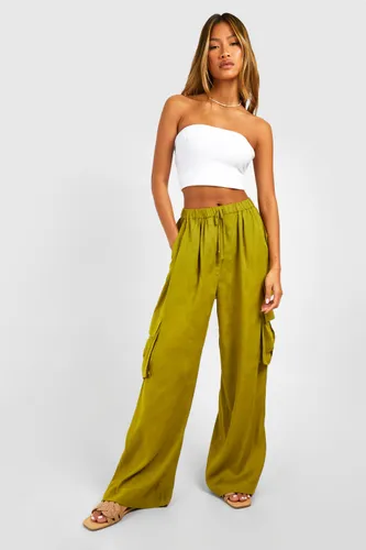 Womens Linen Pocket Detail Trousers - Green - 10, Green