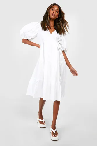 Womens Linen Puff Sleeve Wrap Midi Dress - White - 14, White