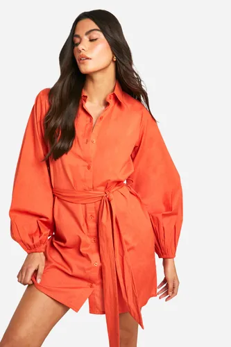 Womens Linen Wrap Shirt Dress - Orange - 8, Orange