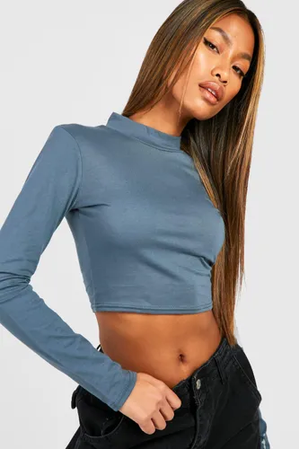 Womens Long Sleeve High Neck Cropped Cotton T-Shirt - Grey - 14, Grey