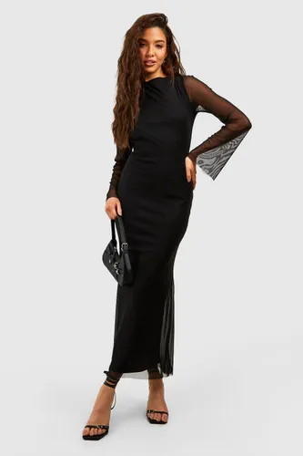 Womens Long Sleeve Mesh Maxi Dress - Black - 18, Black