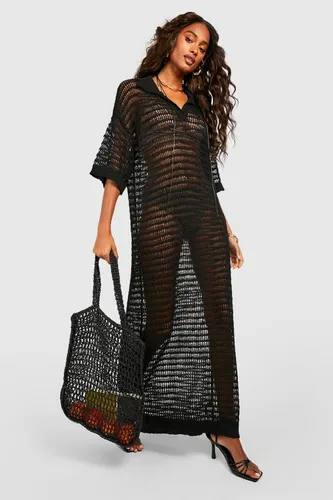 Womens Longline Crochet Maxi Dress - Black - S, Black