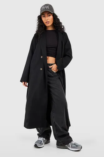 Womens Longline Double Breasted Belted Wool Look Coat - Black - 8, Black
