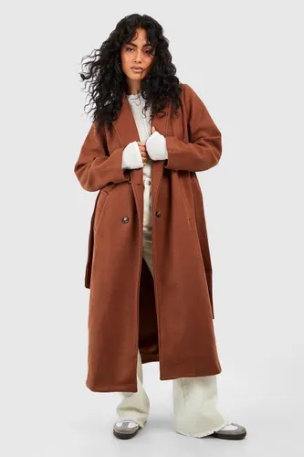 Womens Longline Double Breasted Belted Wool Look Coat - Brown - 8, Brown