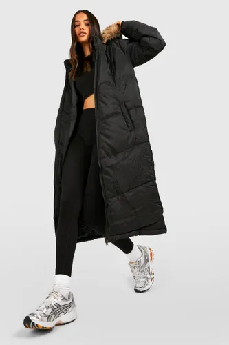 Womens Longline Faux Fur Trim Puffer Jacket - Black - 10, Black