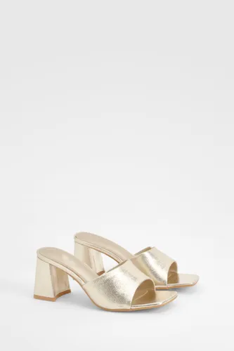 Womens Low Block Heeled Mules - Gold - 3, Gold