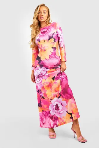 Womens Marble Printed Cut Out Back Long Sleeve Maxi Dress - Pink - 8, Pink