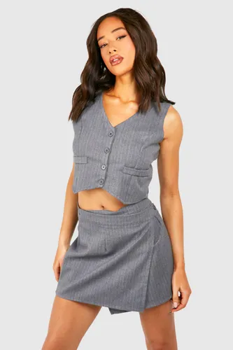Womens Marl Pinstripe Brushed Wrap Front Skirt - Grey - 6, Grey