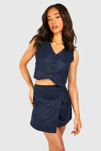 Womens Marl Pinstripe Brushed Wrap Front Skirt - Navy - 6, Navy