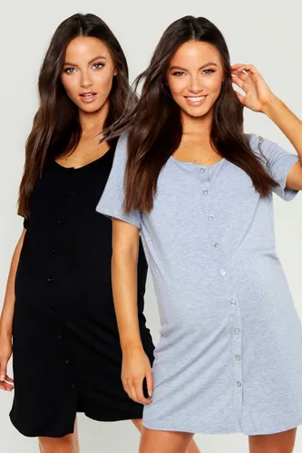 Womens Maternity 2 Pack Button Front Nightie - Black - 10, Black