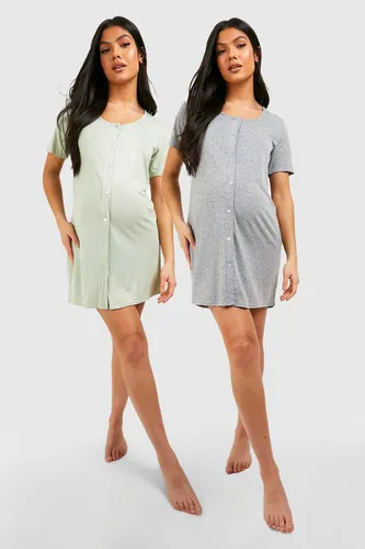 Womens Maternity 2 Pack Button Front Nightie - Grey - 10, Grey