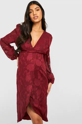 Womens Maternity Burnout Floral Wrap Midi Dress - Red - 8, Red