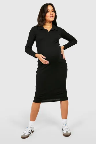 Womens Maternity Collared Long Sleeve Midi Dress - Black - 10, Black