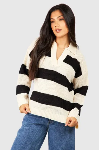 Womens Maternity Collared Stripe Knitted Jumper - White - S, White