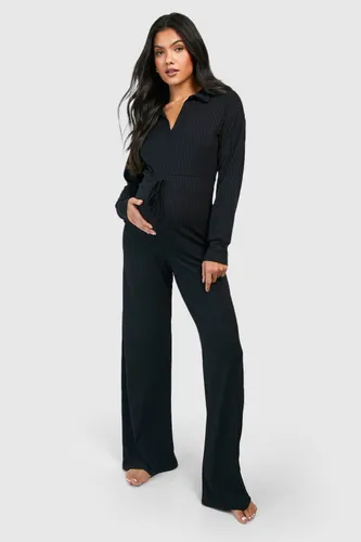 Womens Maternity Collared Wide Leg Loungewear Jumpsuit - Black - 10, Black