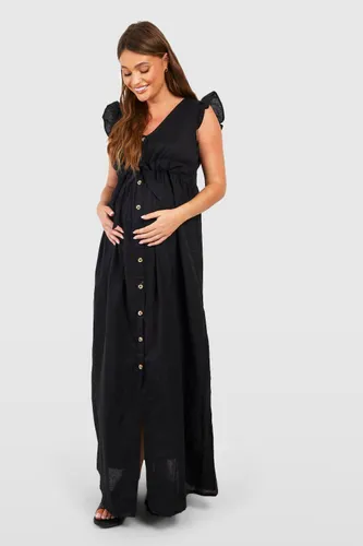 Womens Maternity Cotton Button Down Maxi Dress - Black - 12, Black