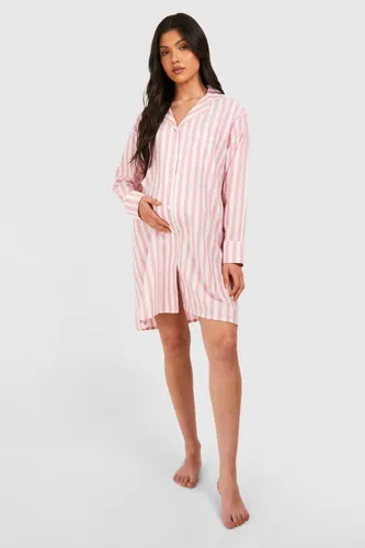 Womens Maternity Cotton Stripe Button Down Night Shirt - Pink - 8, Pink