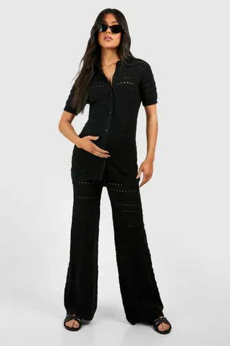 Womens Maternity Crochet Knitted Shirt And Wide Leg Trouser Co-Ord - Black - 8, Black