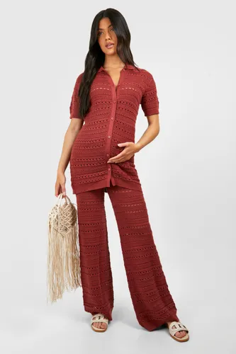 Womens Maternity Crochet Knitted Shirt And Wide Leg Trouser Co-Ord - Orange - 10, Orange