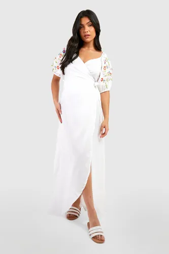 Womens Maternity Floral Embroidered Wrap Maxi Dress - White - 8, White