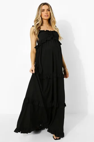 Womens Maternity Frill Shoulder Maxi Dress - Black - 10, Black