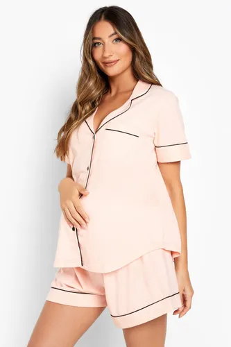 Womens Maternity Jersey Piping Button Pj Short Set - Pink - 10, Pink
