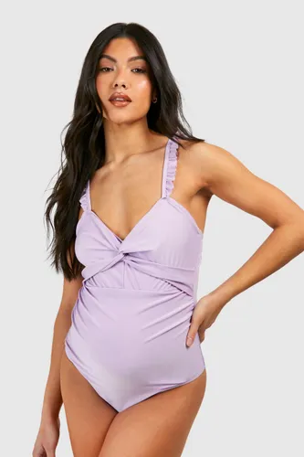 Womens Maternity Knot Front Frill Shoulder Swimsuit - Purple - 10, Purple
