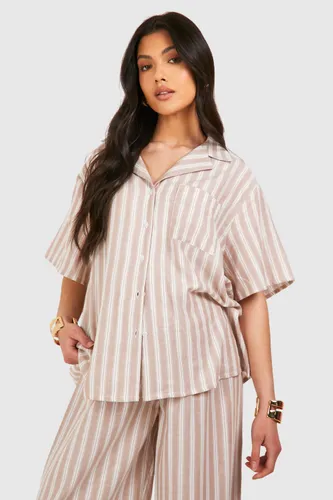 Womens Maternity Linen Stripe Short Sleeve Shirt - Beige - 8, Beige