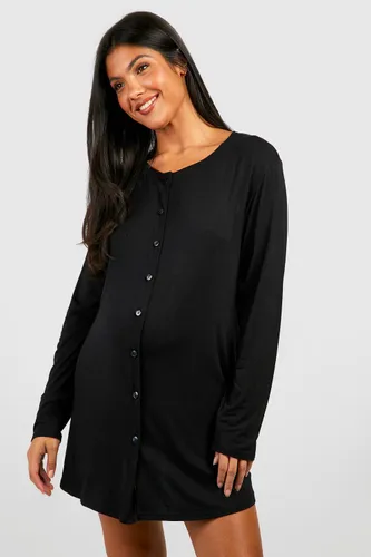 Womens Maternity Long Sleeve Peached Jersey Button Down Nightie - Black - 16, Black
