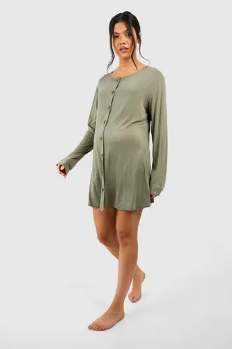 Womens Maternity Long Sleeve Peached Jersey Button Down Nightie - Green - 6, Green