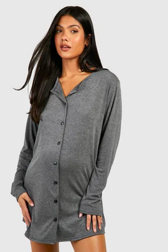 Womens Maternity Long Sleeve Peached Jersey Button Down Nightie - Grey - 12, Grey