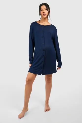 Womens Maternity Long Sleeve Peached Jersey Button Down Nightie - Navy - 6, Navy