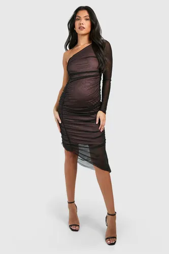 Womens Maternity Mesh Asymmetric Midi Dress - Black - 10, Black