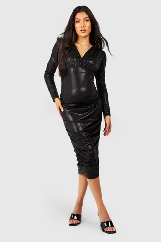 Womens Maternity Metallic Long Sleeve Ruched Wrap Midi Dress - Black - 8, Black