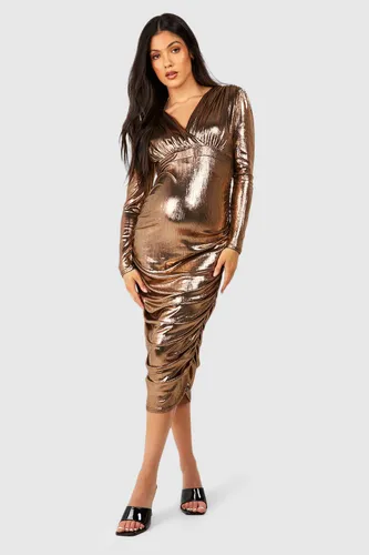 Womens Maternity Metallic Long Sleeve Ruched Wrap Midi Dress - Bronze - 8, Bronze