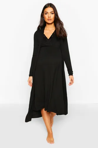 Womens Maternity Nursing Nightie & Dressing Gown Set - Black - 8, Black
