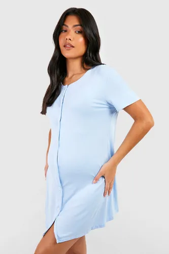 Womens Maternity Peached Jersey Button Down Nightie - Blue - 14, Blue