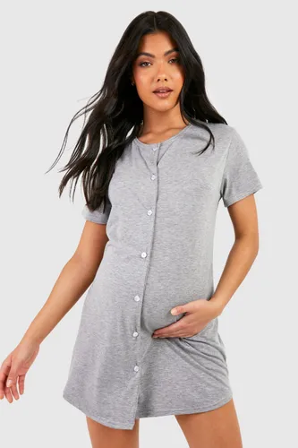 Womens Maternity Peached Jersey Button Down Nightie - Grey - 16, Grey